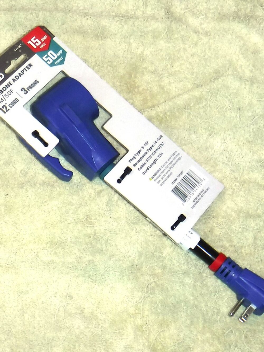 RV Power Adapter, Electric World #141387, Dogbone Adapter, 15M/50F, 12" Cord